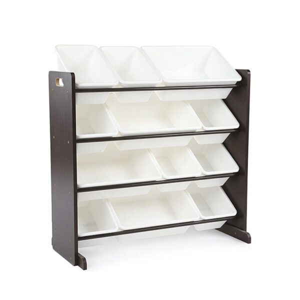 Toy Storage Organiser with 12 Plastic Bins, Espresso/White